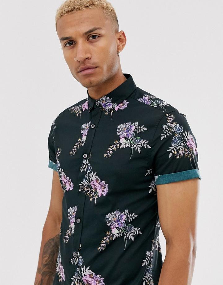 Asos Design Skinny Stretch Floral Shirt In Black