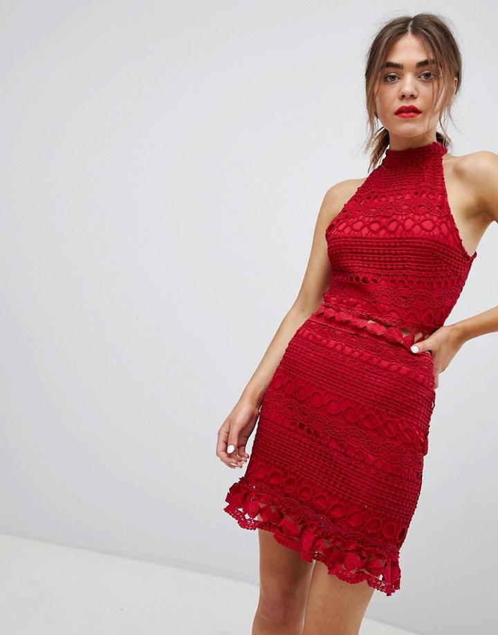 Parisian High Neck Lace Dress - Red
