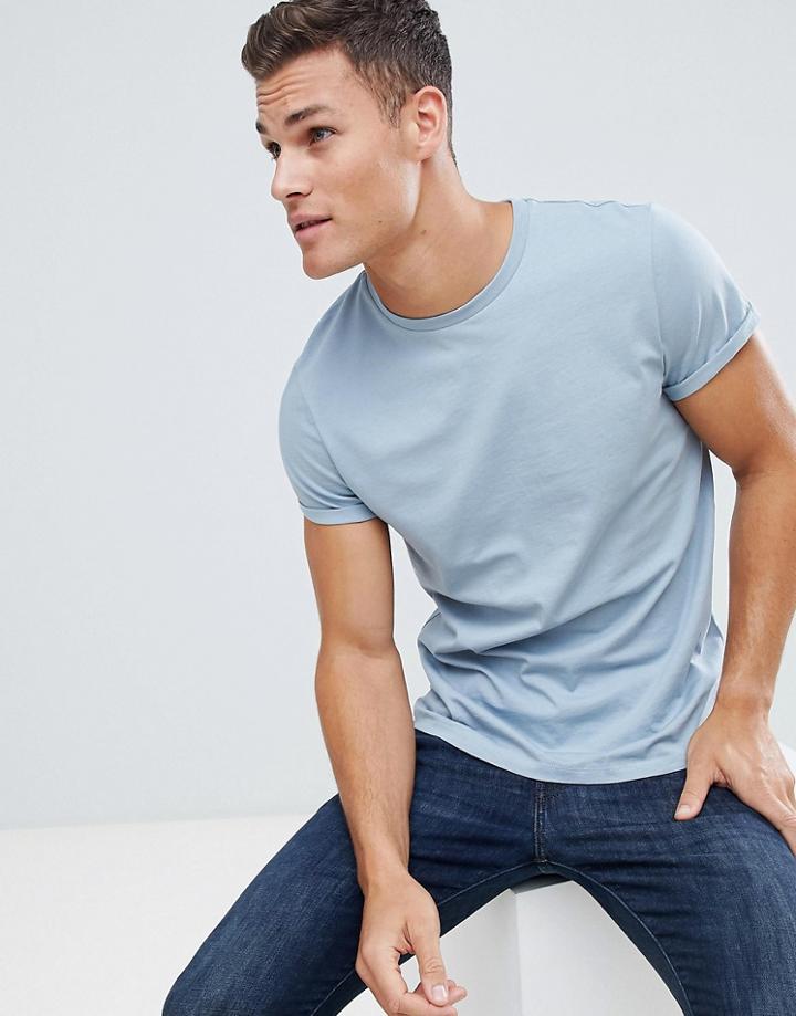 Asos Design T-shirt With Roll Sleeve - Blue
