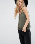 Pull & Bear Cami Top In Cheesecloth With Lace Hem In Khaki - Khaki