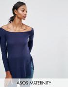 Asos Maternity Off Shoulder Slouchy Top With Splits - Navy