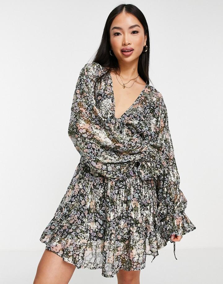 Asos Design Mini Smock Dress With Tie Waist In Ditsy Print Jacquard Chiffon-multi