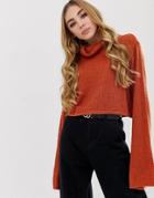Prettylittlething Roll Neck Flared Sleeve Cropped Sweater In Rust - Brown