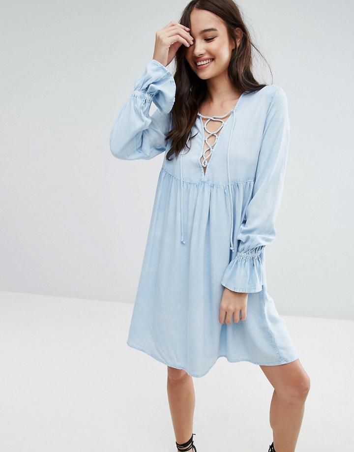 Influence Lace Up Smock Dress - Blue