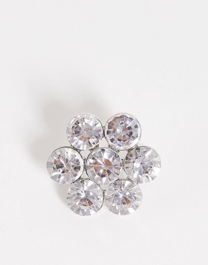 Asos Design Crystal Flower Brooch In Silver Tone