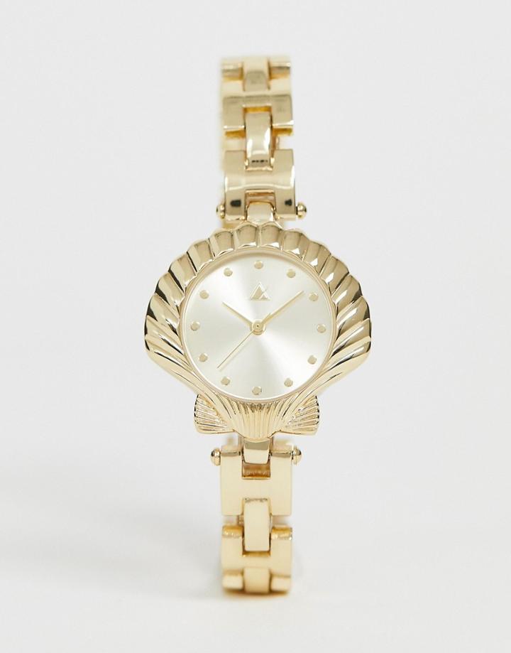 Asos Design Watch With Shell Case And Chain Bracelet In Gold Tone