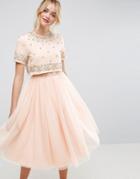 Asos Embellished Crop Top Tulle Midi Dress - Pink