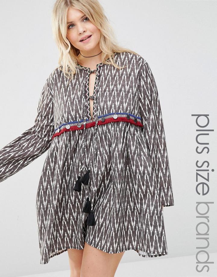 Alice & You Chevron Printed Smock Dress With Coin Trim And Tassel Detail - Multi