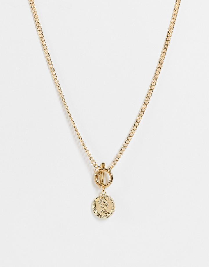 Svnx T Bar Necklace With Coin Charm In Gold