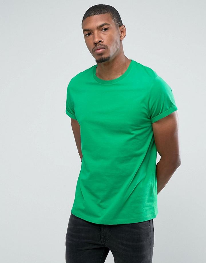Asos T-shirt With Crew Neck And Roll Sleeve - Green