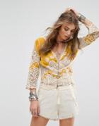 Kiss The Sky Festival Wrap Front Top With Embroidery And Crochet Inserts - Yellow