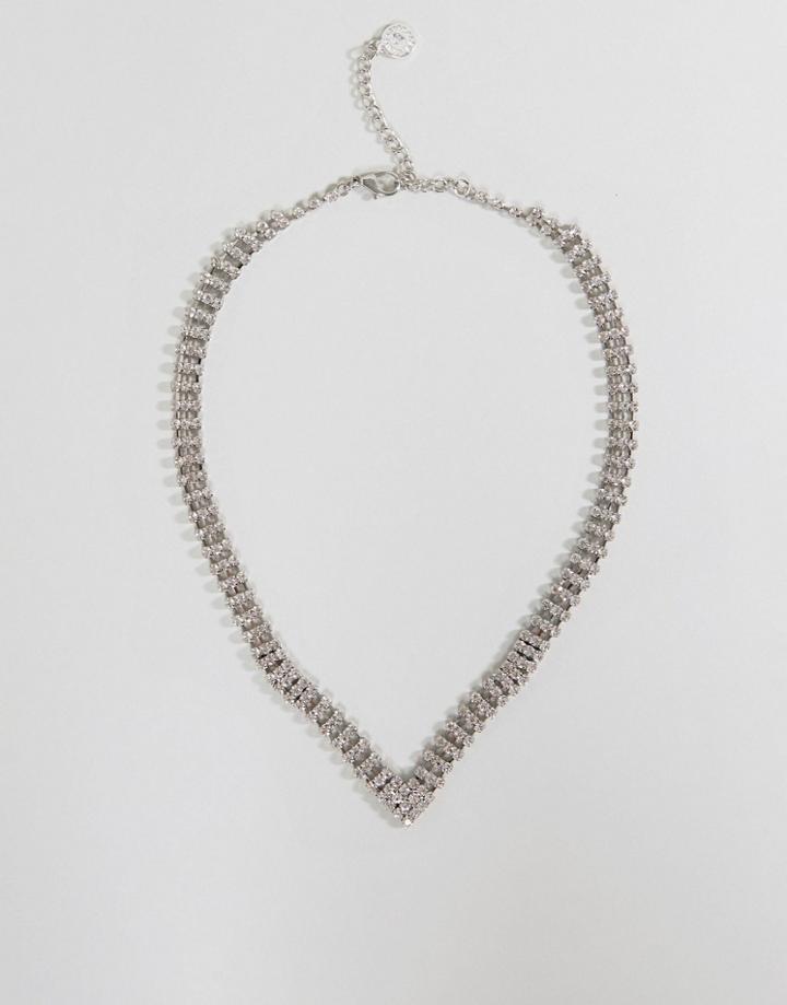 Johnny Loves Rosie Chunky Rhinestone V Necklace - Silver
