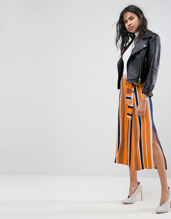 Asos Wide Leg Cullote With Side Splits & Tie Waist In Stripe - Multi