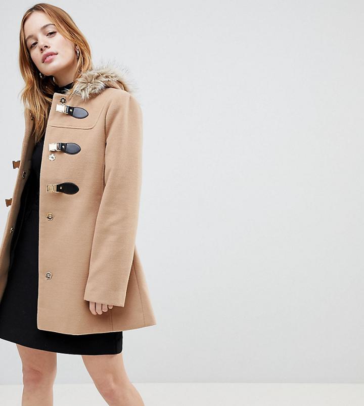 Asos Petite Duffle Coat With Faux Fur Hood - Stone