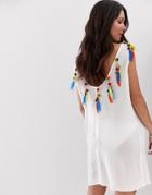 Anmol Low Back Beach Caftan With Faux Feather And Pom Trim