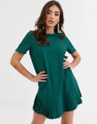 Asos Design Sheer Shift Mini Dress With Pleated Hem-green