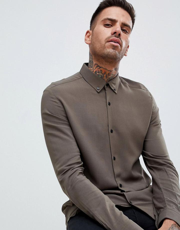 River Island Skinny Fit Shirt In Khaki - Green