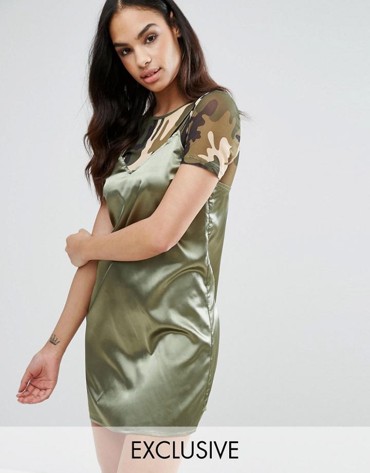 Naanaa Mini Cami Satin Dress With Mesh Crop Top - Green
