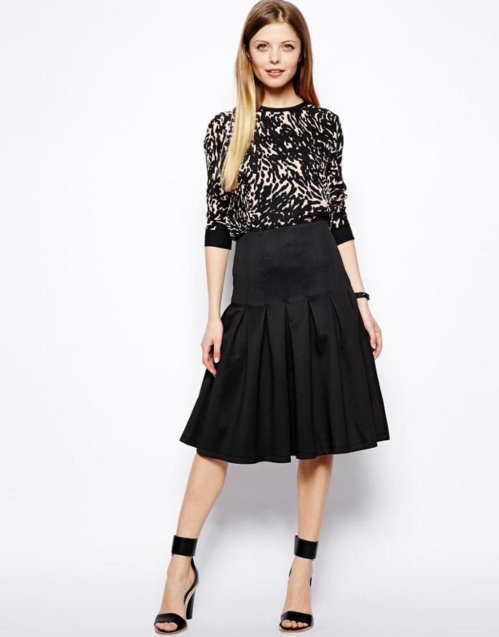 Asos Midi Scuba Skirt With Pleats