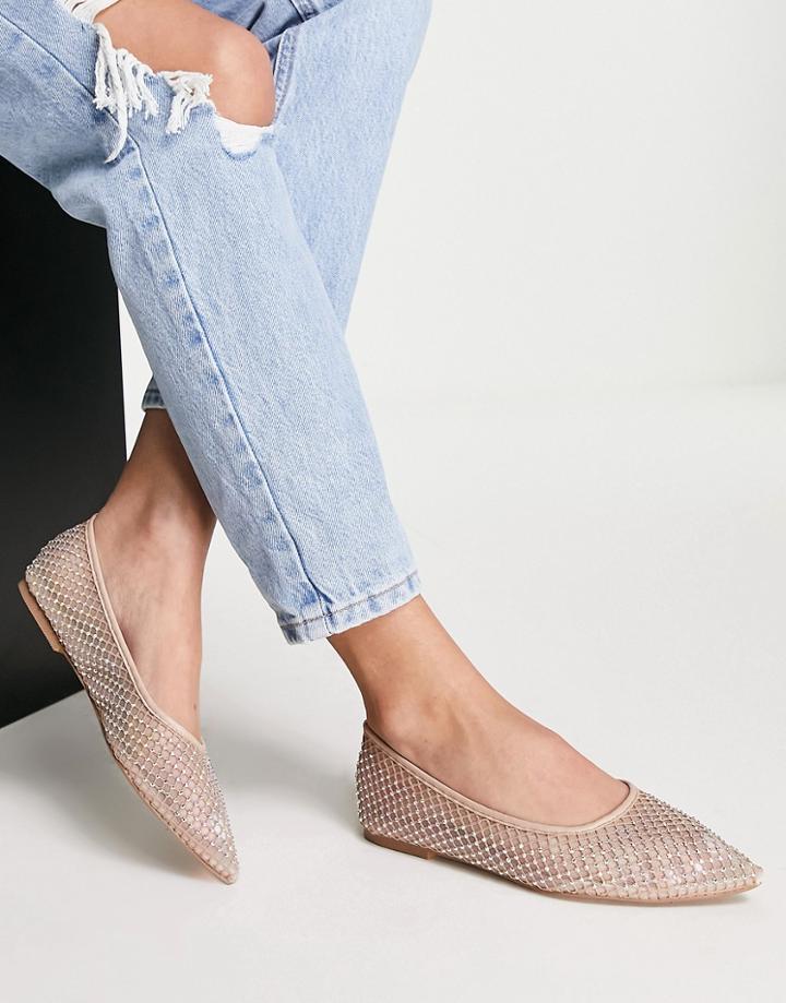 Asos Design Latenight Embellished Pointed Ballet Flats In Beige Mesh-neutral
