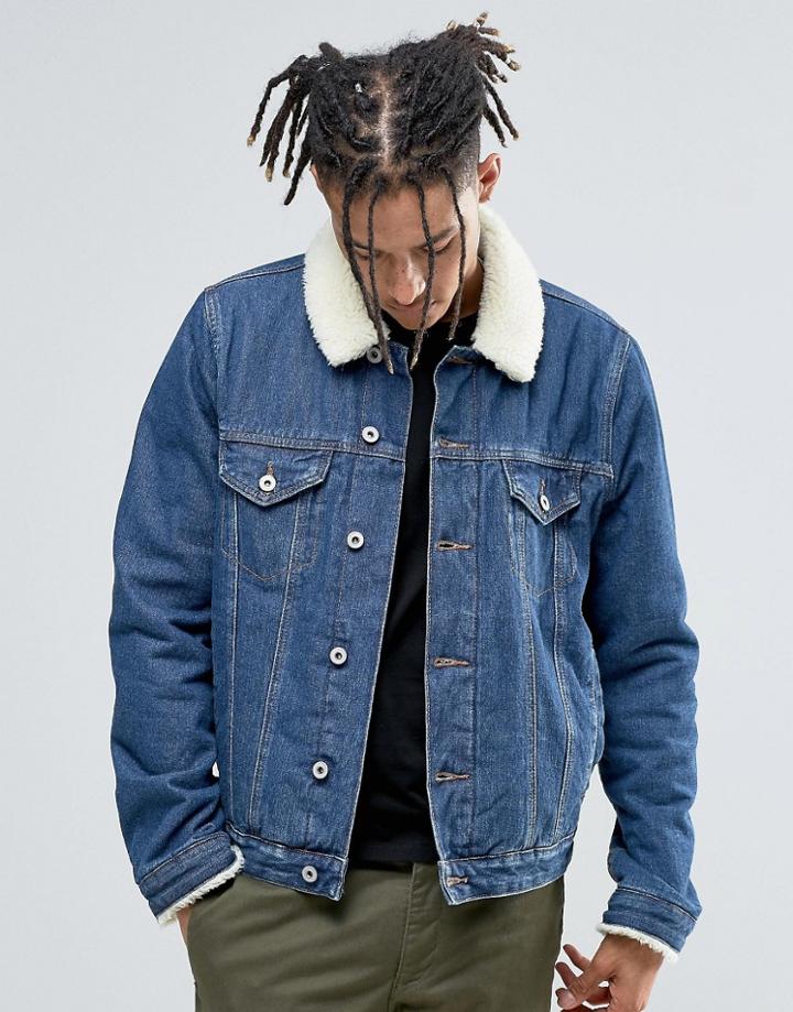 Asos Denim Jacket With Fleece Collar In Mid Wash - Mid Wash