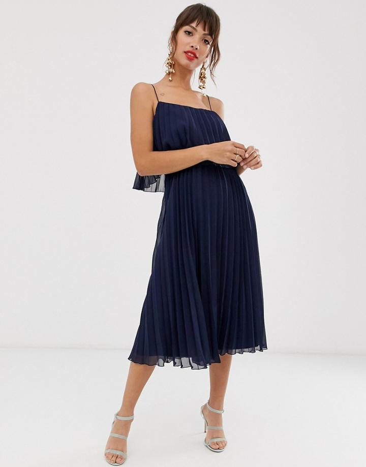 Asos Design Pleated Scoop Neck Crop Top Midi Dress-navy