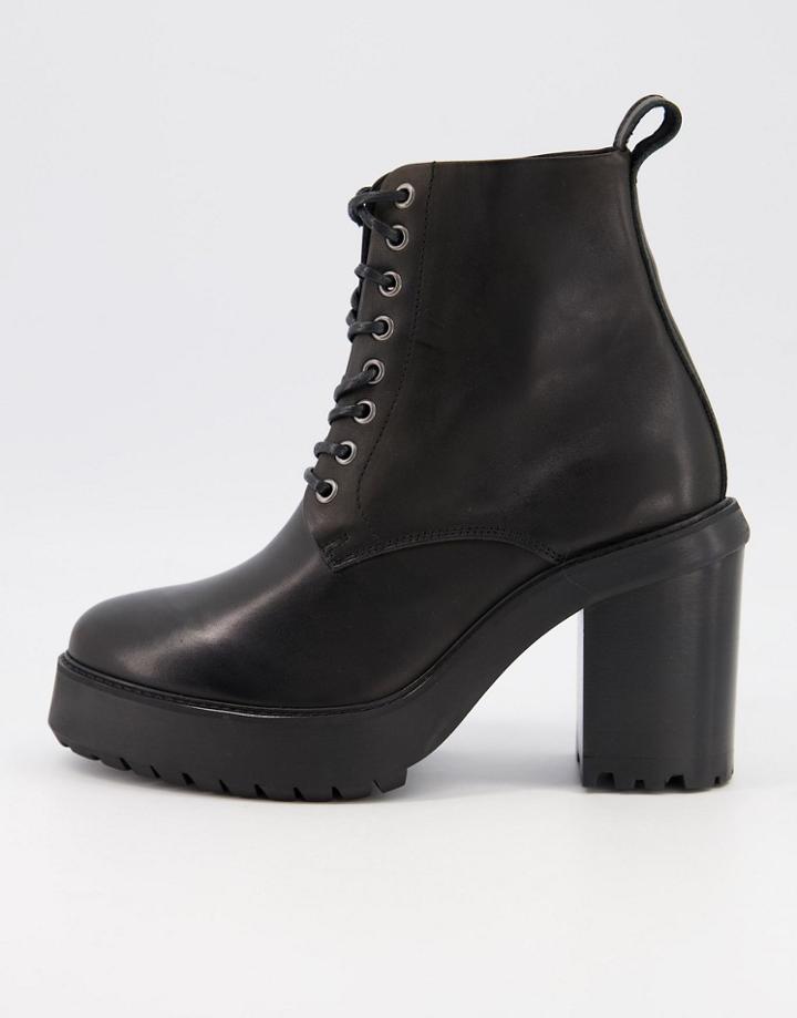 Asos Design Heeled Lace Up Boots In Black Leather On Black Platform Sole