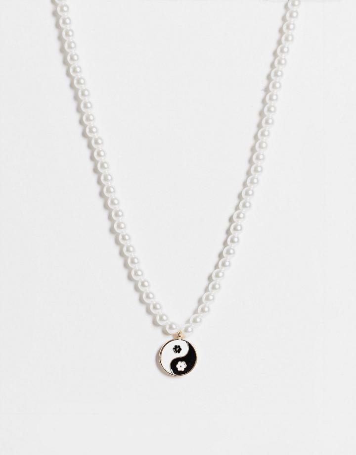 Asos Design Necklace With Pearl And Flower Yin-yang Charm-multi