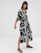 Weekday Tie Waist Dress In Black And White Eye Print-multi