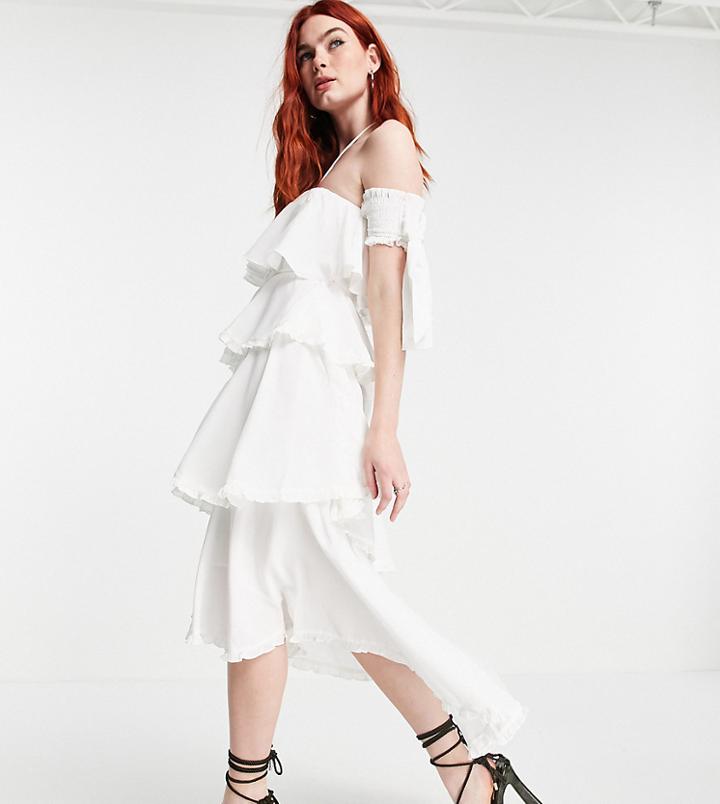 White Sand Cotton Ruffle Off Shoulder Midi Dress In Vintage Cream