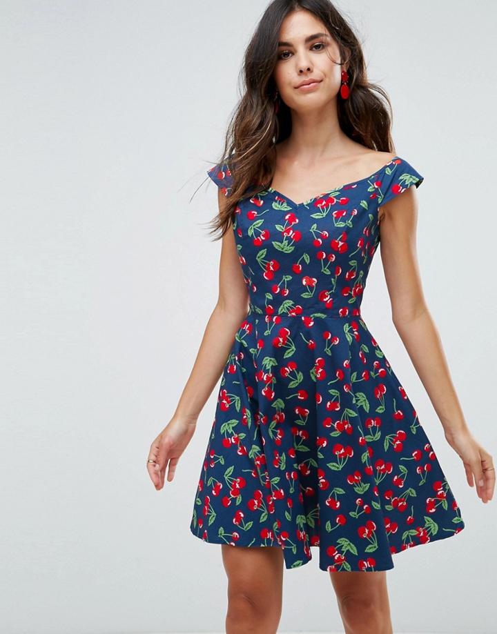 Hell Bunny Cherry Print Mini Skater Dress - Navy