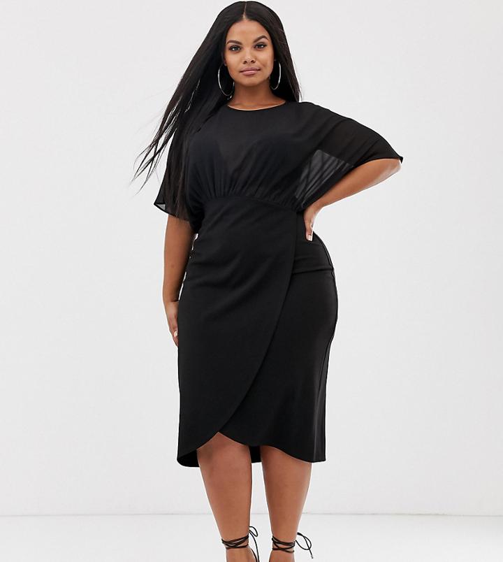 Asos Design Curve Woven Mix Midi Pencil Dress - Black