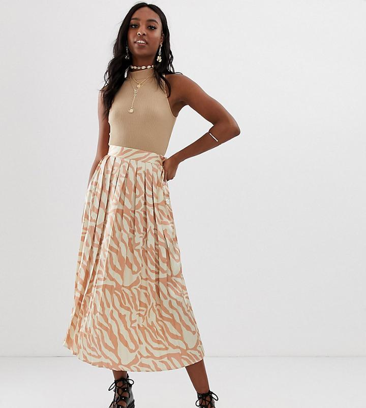 Asos Design Tall Pleated Midi Skirt With Buttons In Tiger Print