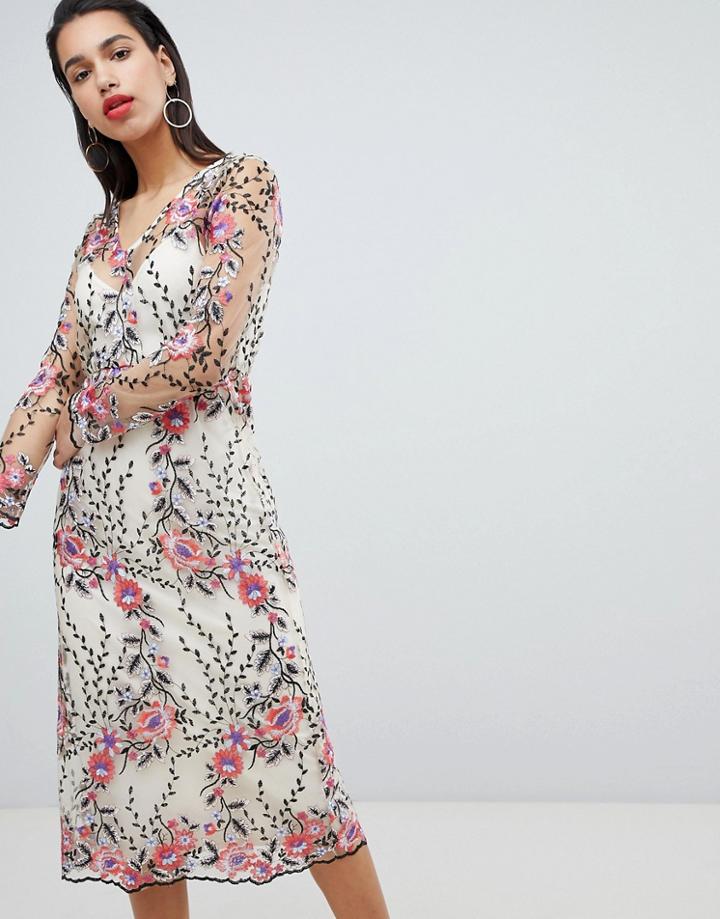 Vila Embroidered Floral Midi Dress - Multi