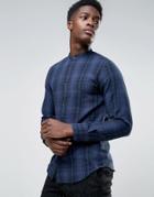 Selected Check Flannel Shirt With Granddad Collar - Navy