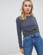 Noisy May Stripe Sweatshirt With Contrast Ringer - Navy