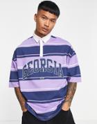 Asos Design Oversized Polo T-shirt In Purple Stripe With Collegiate Print