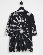 Asos Design Oversized T-shirt In Cream & Black Bleach Wash Tie Dye With Chest Print-white