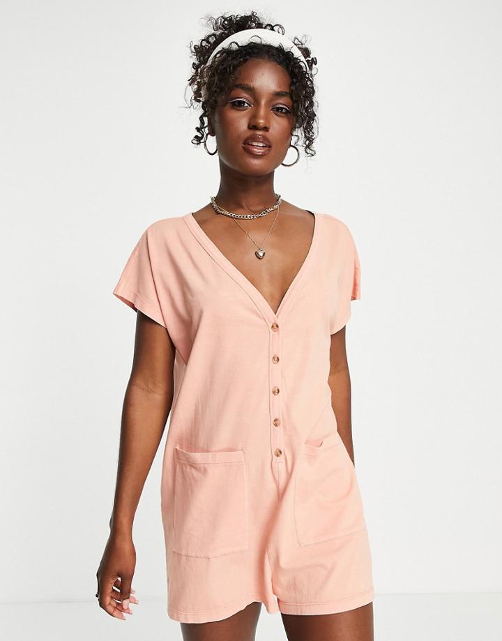 Asos Design Washed Button Through Oversized Romper In Orange