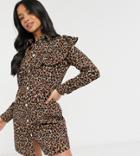 Noisy May Petite Denim Shirt Dress With Ruffle Bib Detail In Leopard-multi