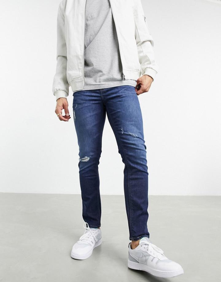 Asos Design Cropped Skinny Jeans In 'less Thirsty' Dark Blue Wash With Rips-blues