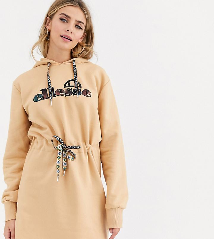 Ellesse Hoodie Dress With Front Logo And Drawstring Waist-tan