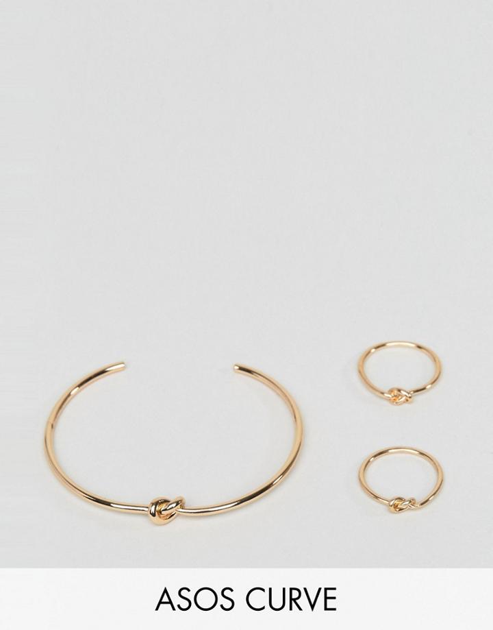 Asos Curve Pack Of 3 Knot Rings And Cuff Bracelet Pack - Gold