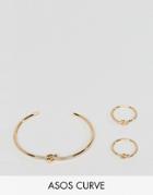Asos Curve Pack Of 3 Knot Rings And Cuff Bracelet Pack - Gold