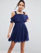 Asos Cami Cold Shoulder Flutter Sleeve Mini Dress - Navy