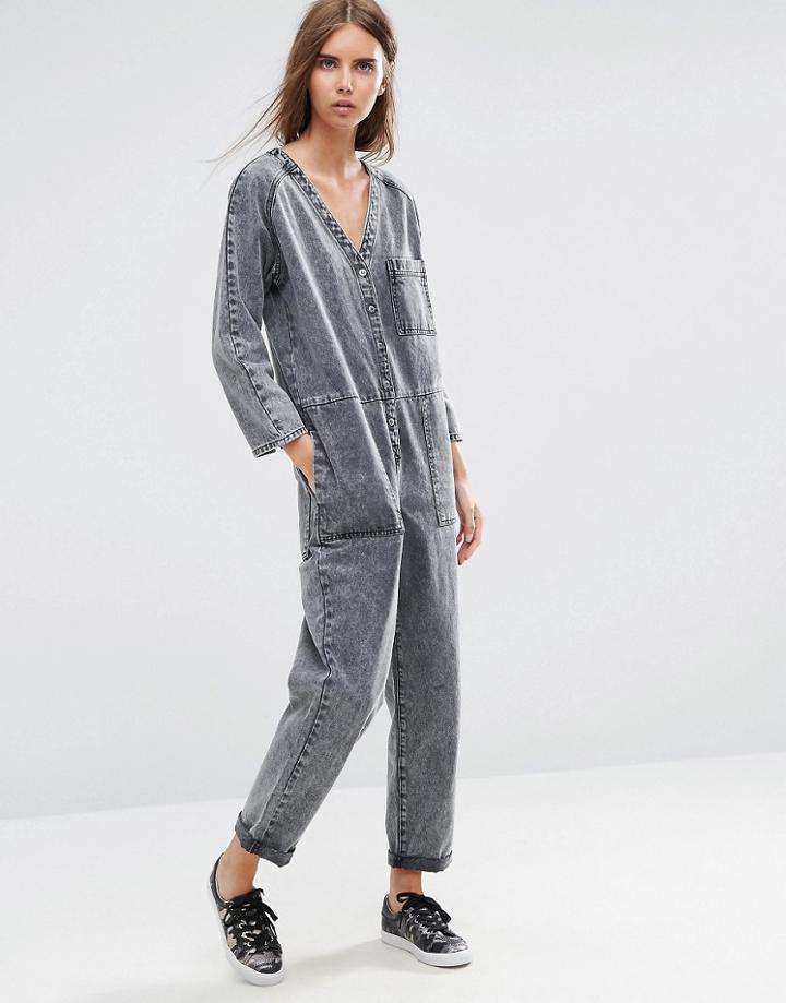 Asos Denim Workwear Jumpsuit In Mottled Black - Black