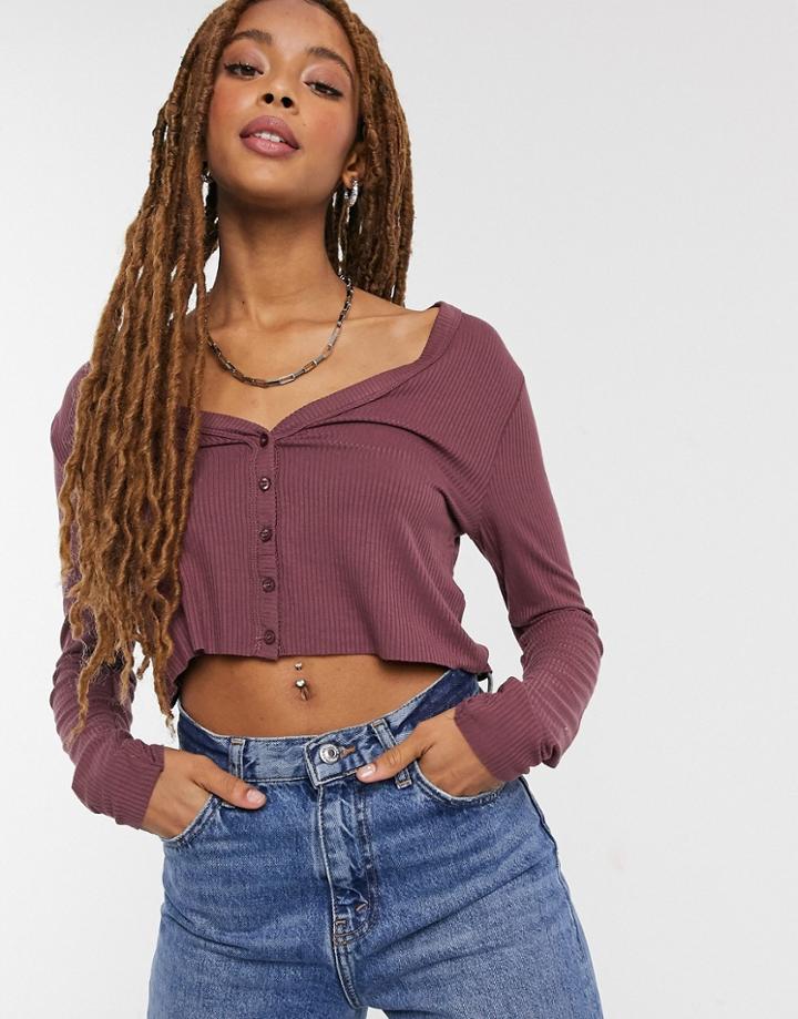 Cotton: On Button Through Cardigan In Plum-purple