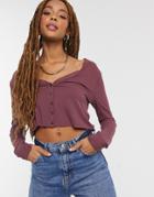Cotton: On Button Through Cardigan In Plum-purple