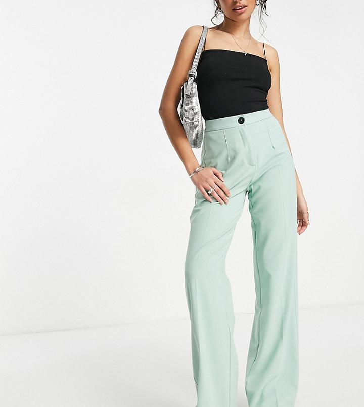 Bershka Petite Wide Leg Slouchy Dad Tailored Pants In Sage-green