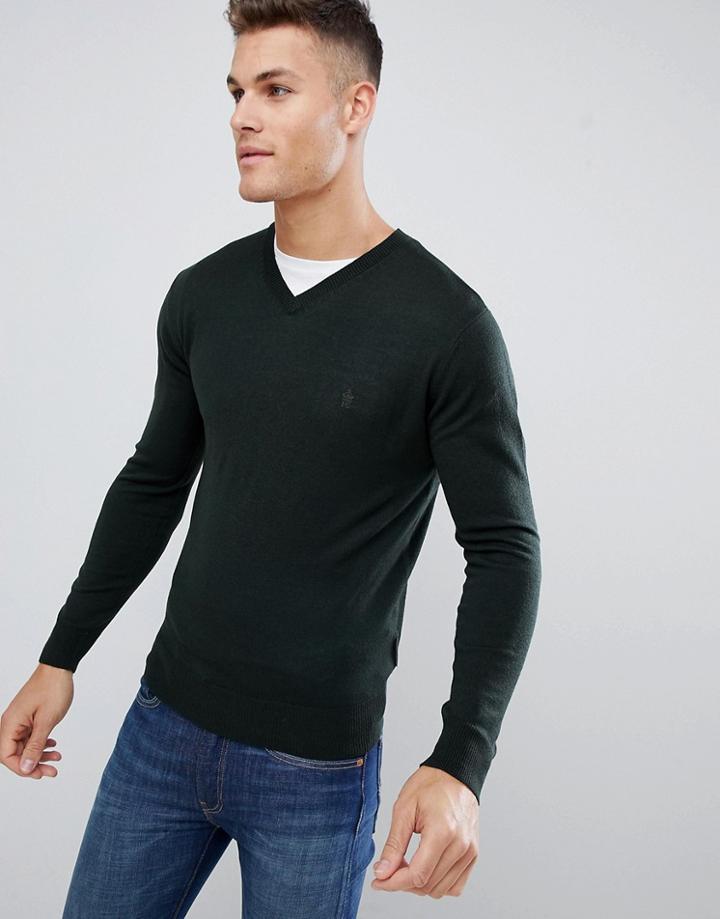 French Connection Plain Logo V Neck Knit Sweater-green